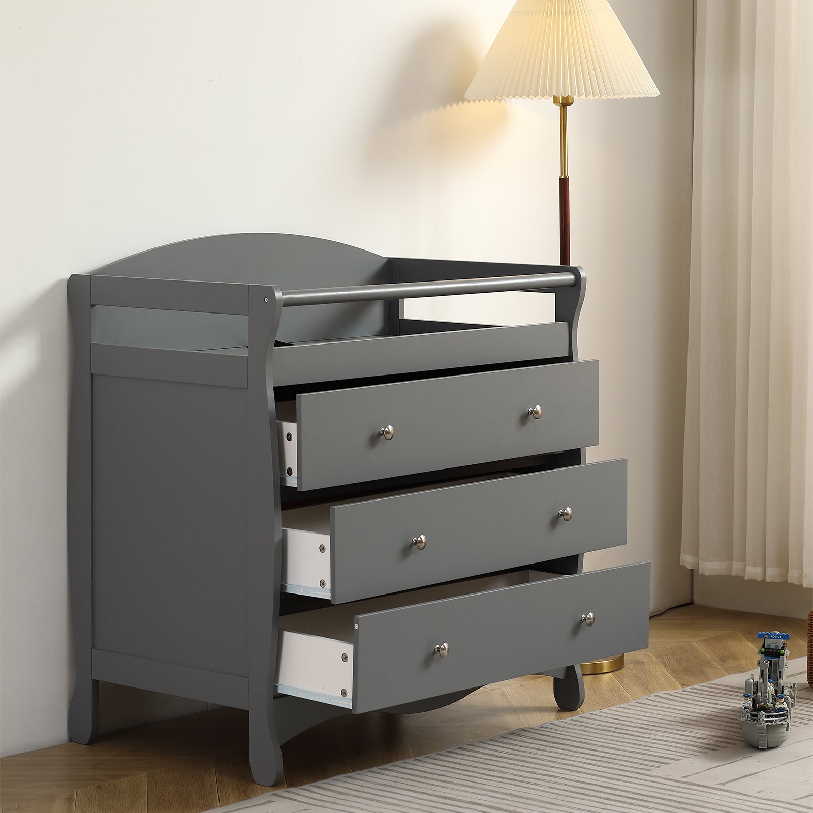 JOYMOR Wooden Diaper Changing Table with 3-Drawer Chest Baby Dresser for Nursery, Infant with Safety Strap,Gray