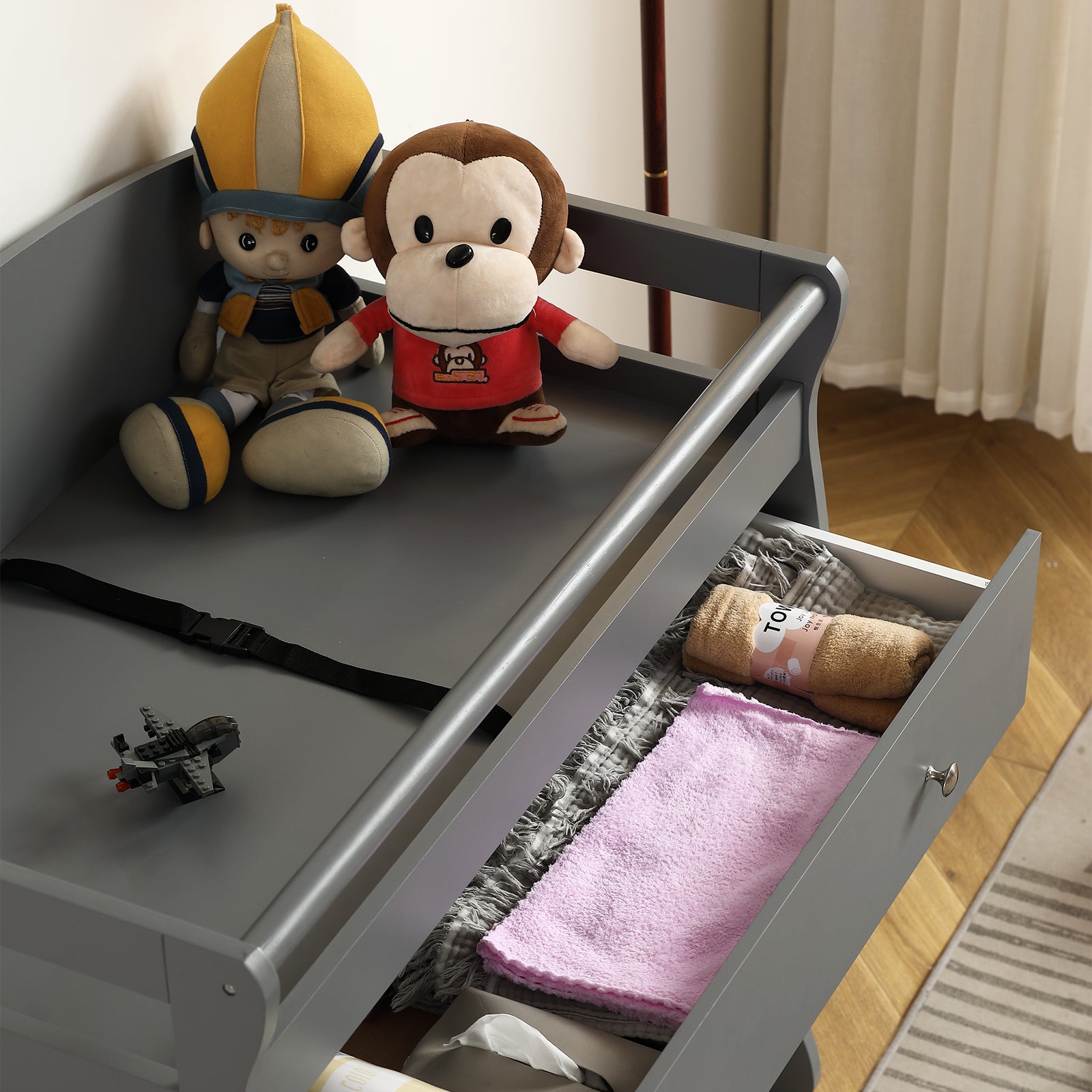 JOYMOR Wooden Diaper Changing Table with 3-Drawer Chest Baby Dresser for Nursery, Infant with Safety Strap,Gray