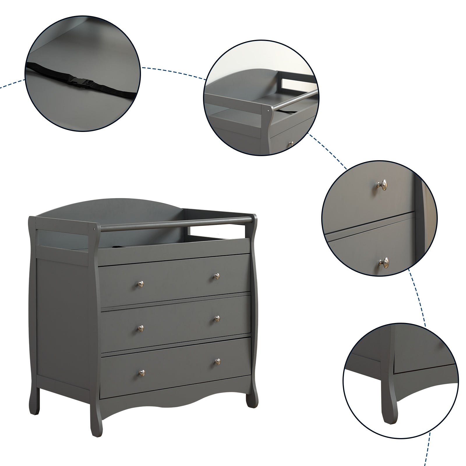 JOYMOR Wooden Diaper Changing Table with 3-Drawer Chest Baby Dresser for Nursery, Infant with Safety Strap,Gray
