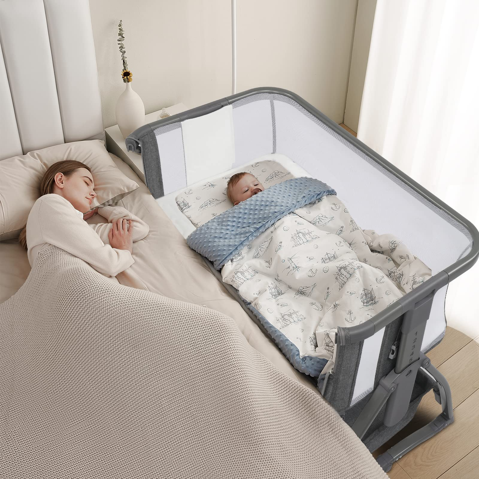 JOYMOR 4 in 1 Baby Bassinet Crib Bedside Sleeper with Mattress