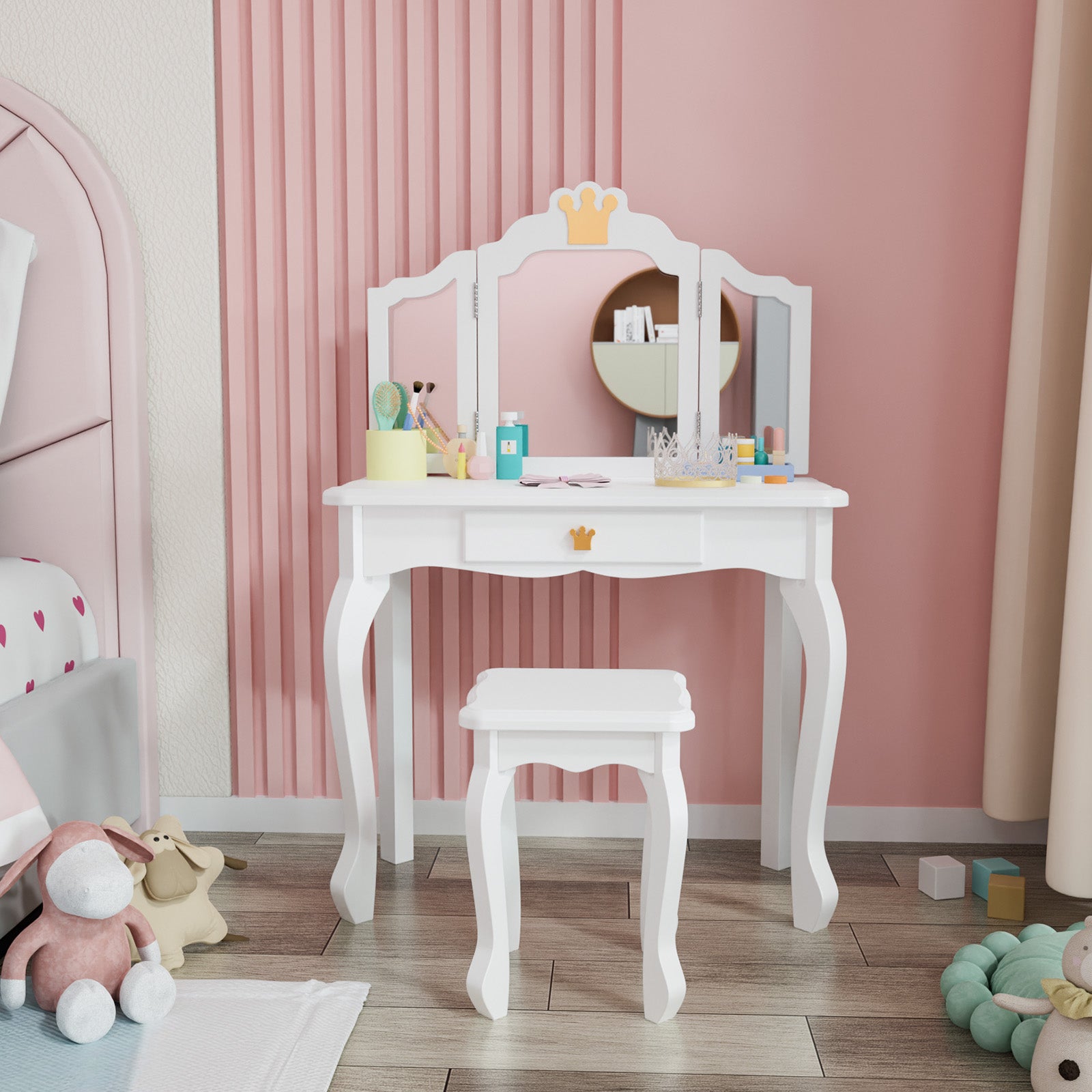 JOYMOR Wooden Tri Folding Kids Vanity Set with Stool
