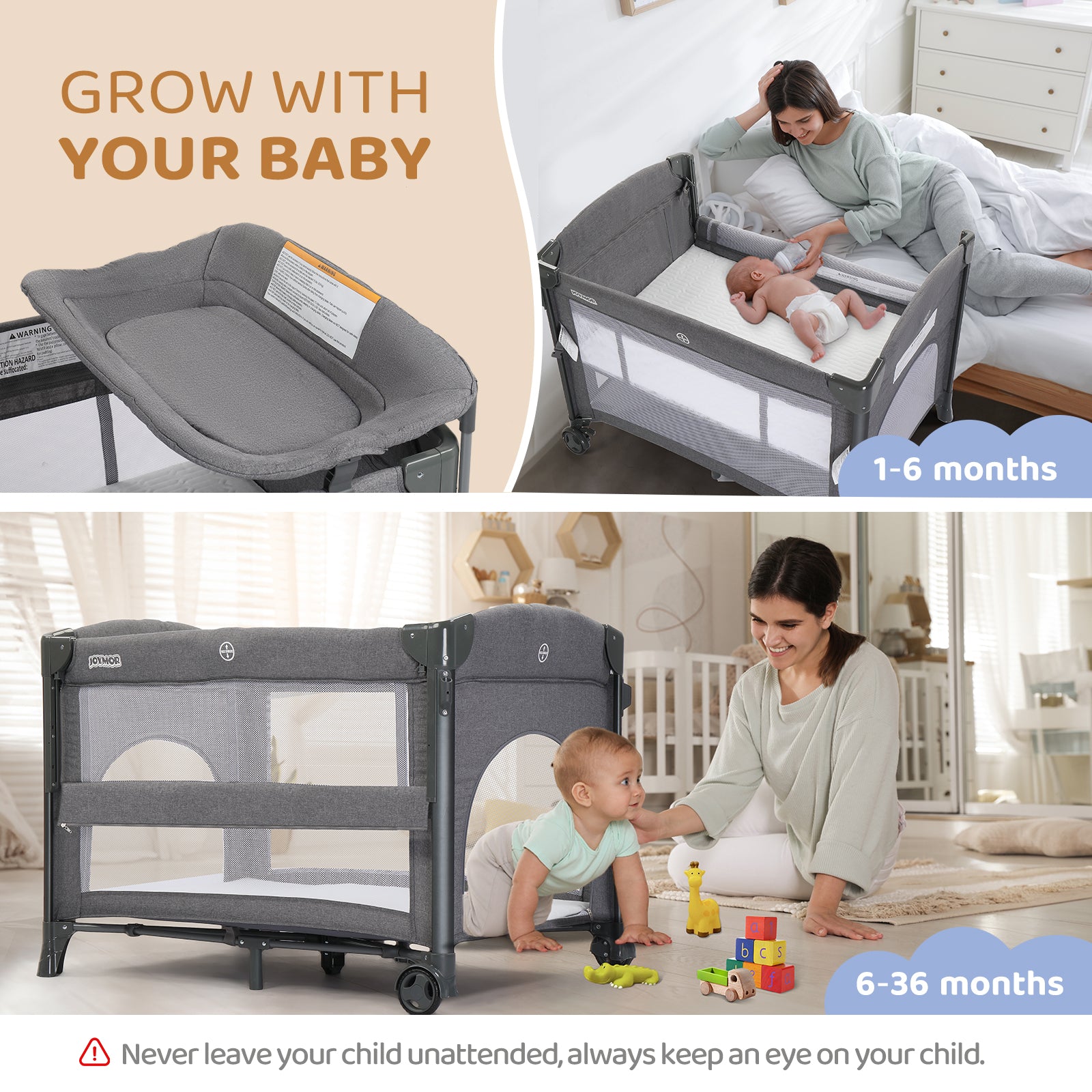 JOYMOR 3 in 1 Baby Bassinets Crib Bedside Sleeper with Mattress and Sheet