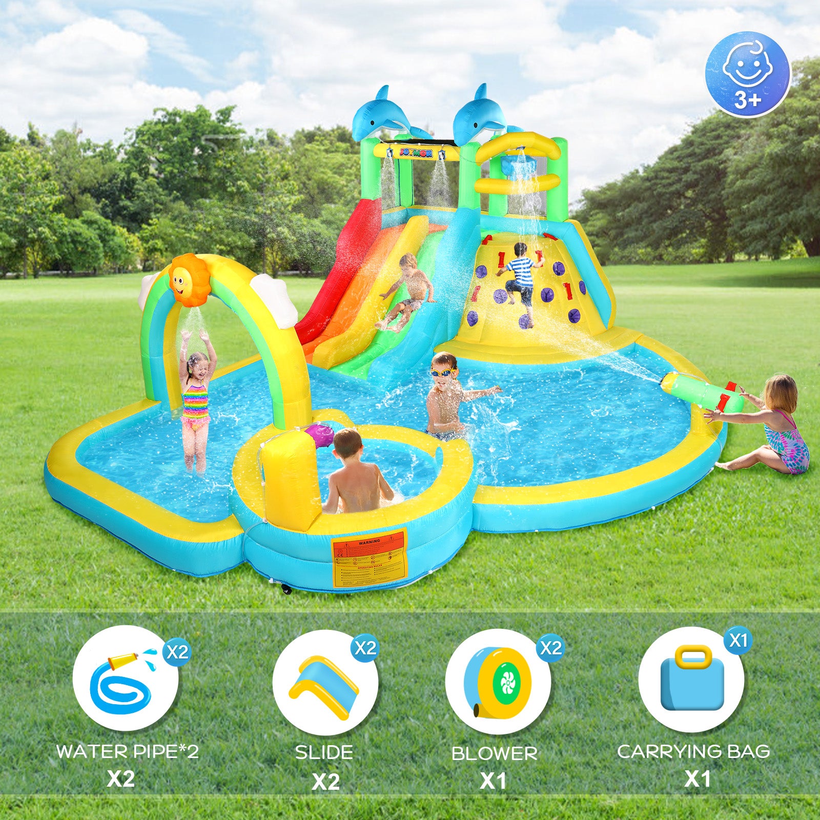 JOYMOR 8 in 1 Kids Backyard inflatable Water Slide Bounce House with Pool