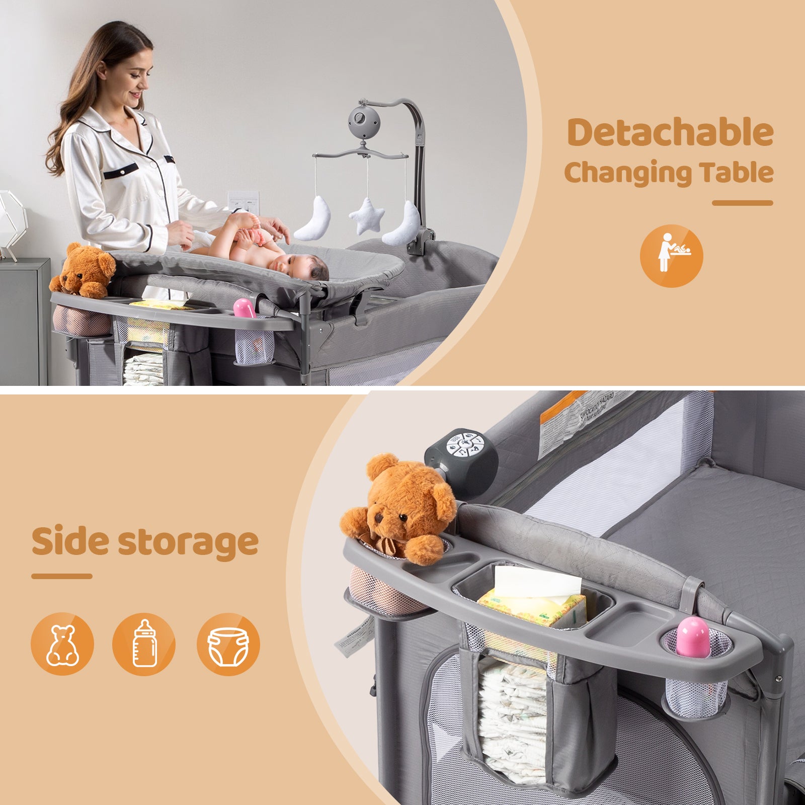 JOYMOR 9 in 1 Bedside Bassinet Baby Crib with Changing Table