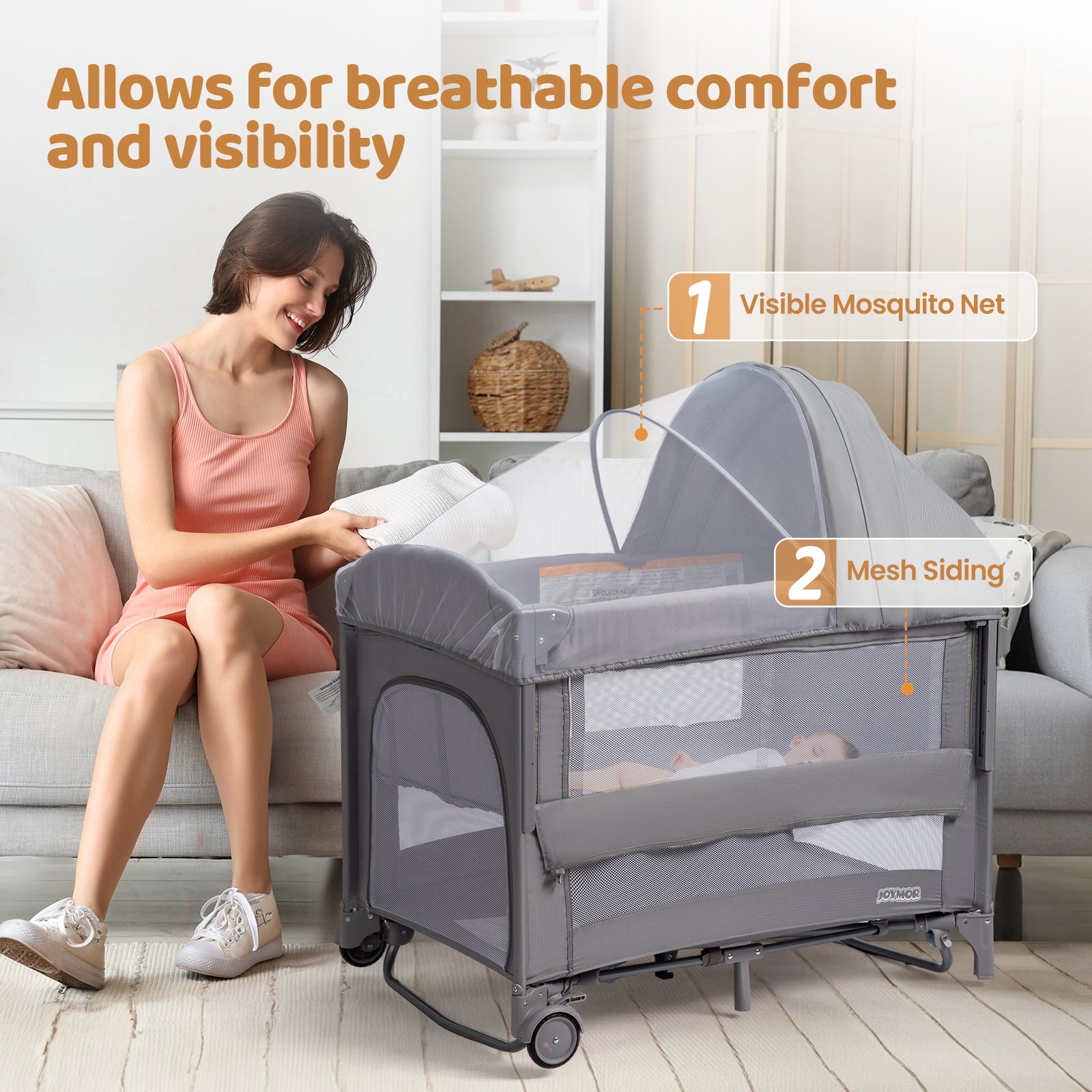 JOYMOR 9 in 1 Bedside Bassinet Baby Crib with Changing Table