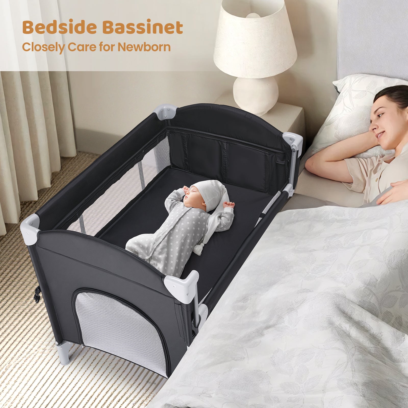 JOYMOR 5 in 1 Baby Bedside Crib Sleeper with Diaper Changing Table