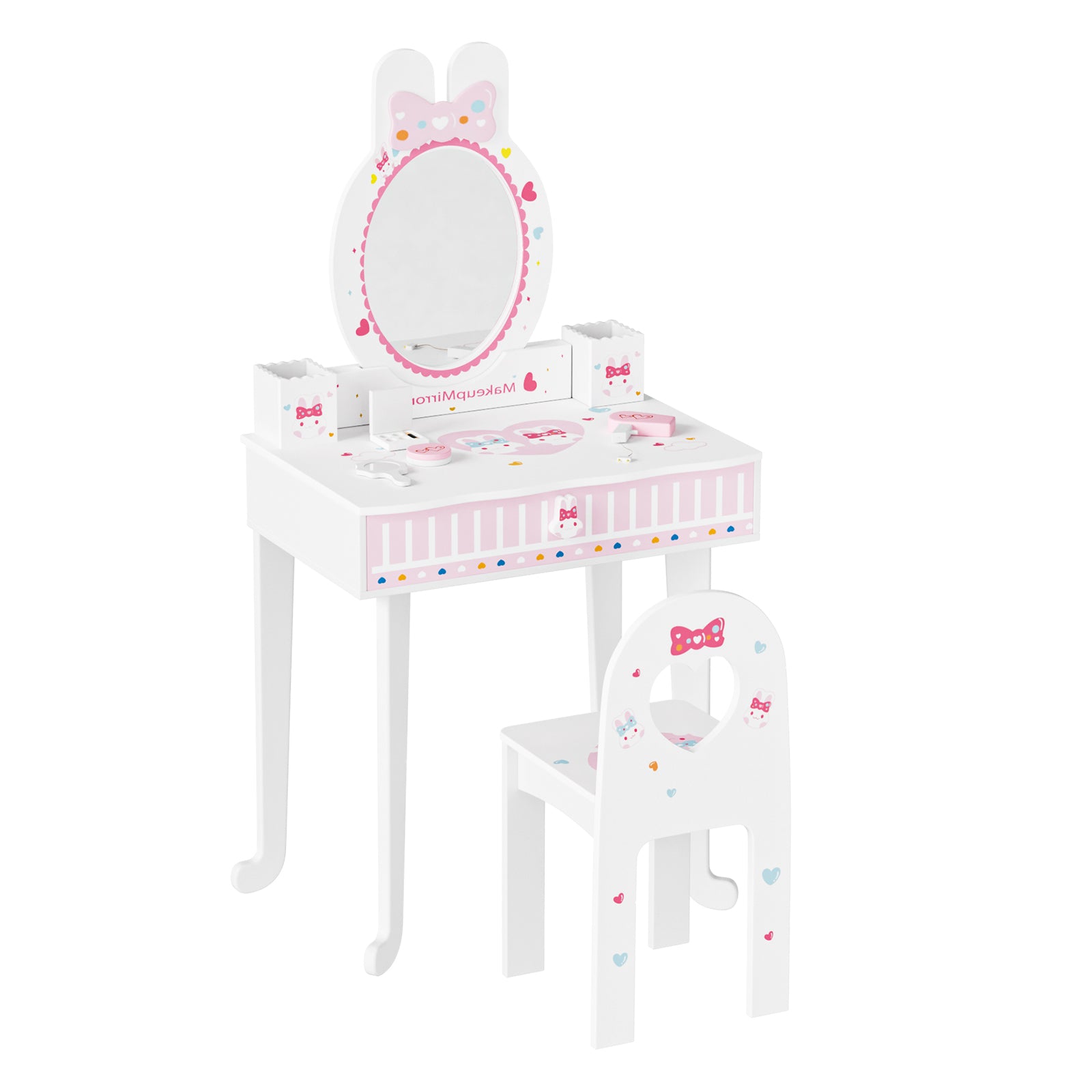 JOYMOR Pretend Play Kids Vanity Set with Mirror 2 in 1 Wooden Princess Makeup Desk Dressing Table