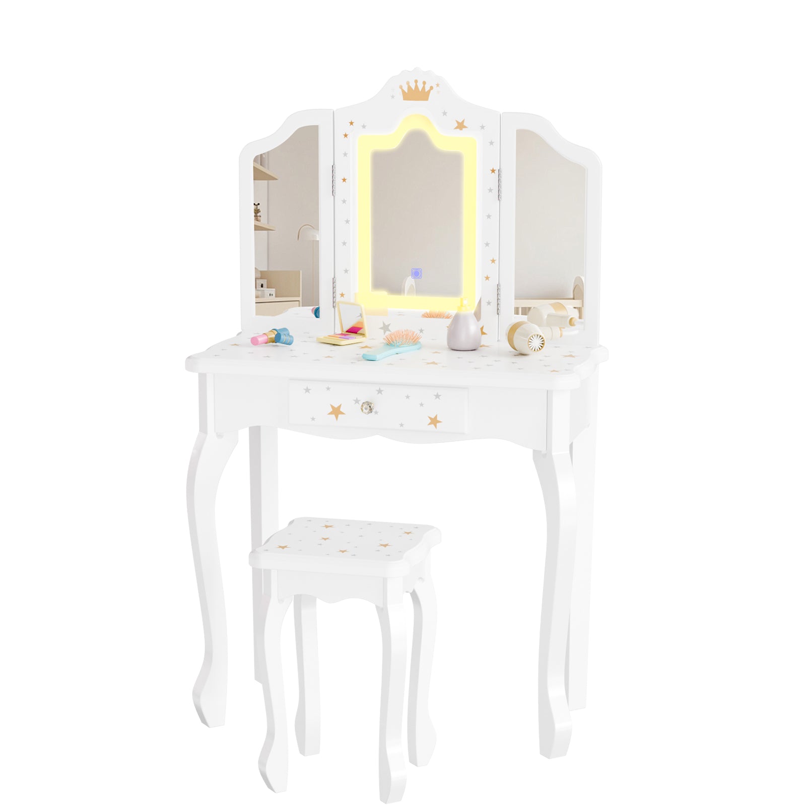 JOYMOR Upgrade Kids Vanity w/Tri-Folding Mirror & Adjustment LED Touch Screen 2-in-1 Wooden Princess Makeup Desk Dressing Table