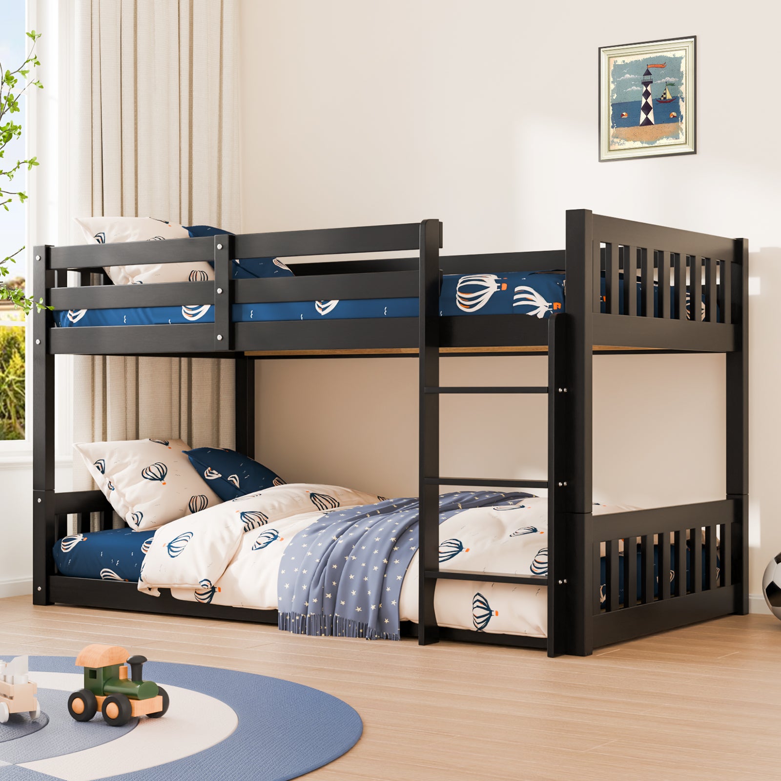 JOYMOR Wood Bunk Bed Low Twin Over Twin Bed Frame with Ladder