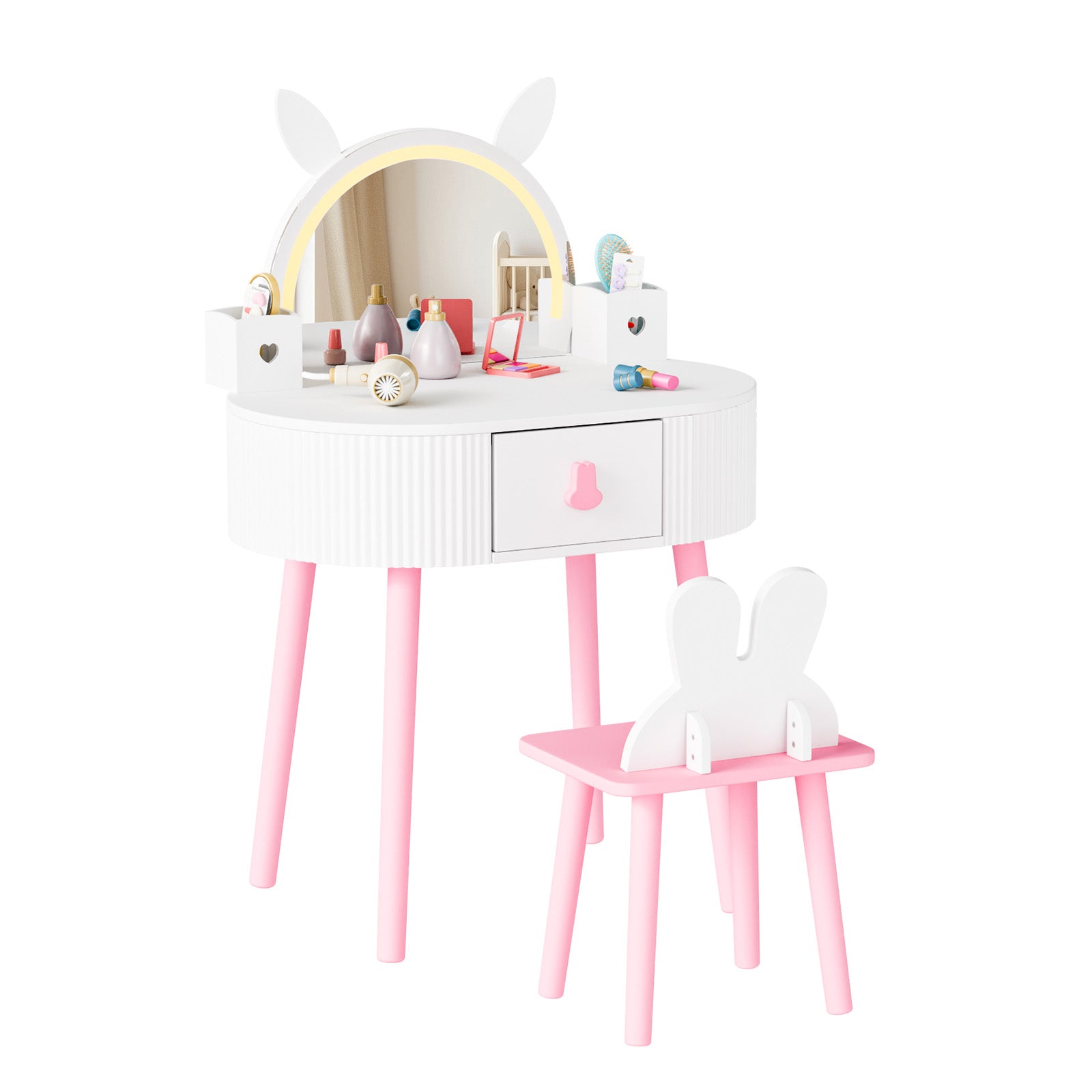JOYMOR Kids Vanity LED Lighted w/Touch Screen 2 in 1 Wooden Princess Makeup Desk Dressing Table