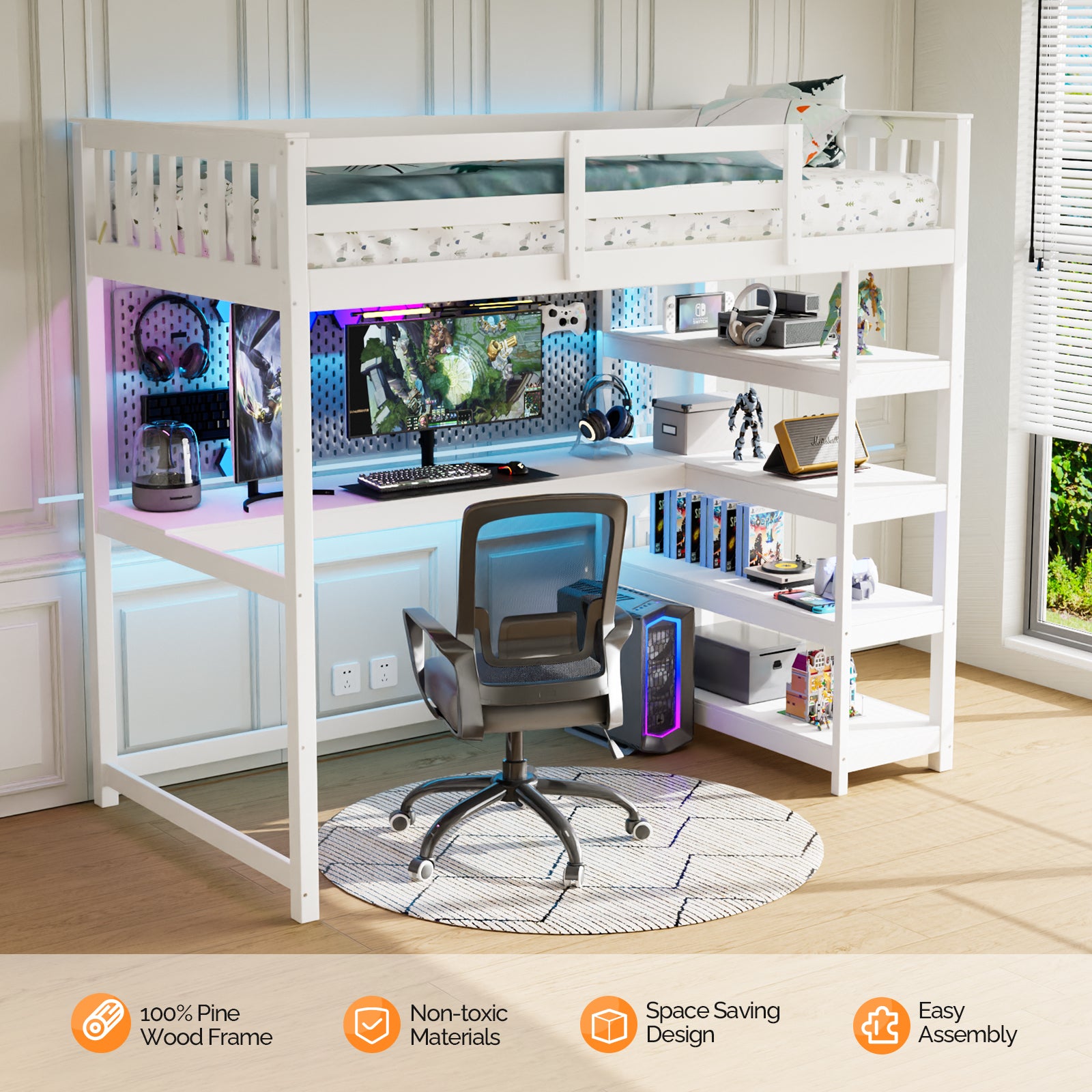 JOYMOR Twin Size Bunk Bed Loft Bed Frame with Desk & Bookcase