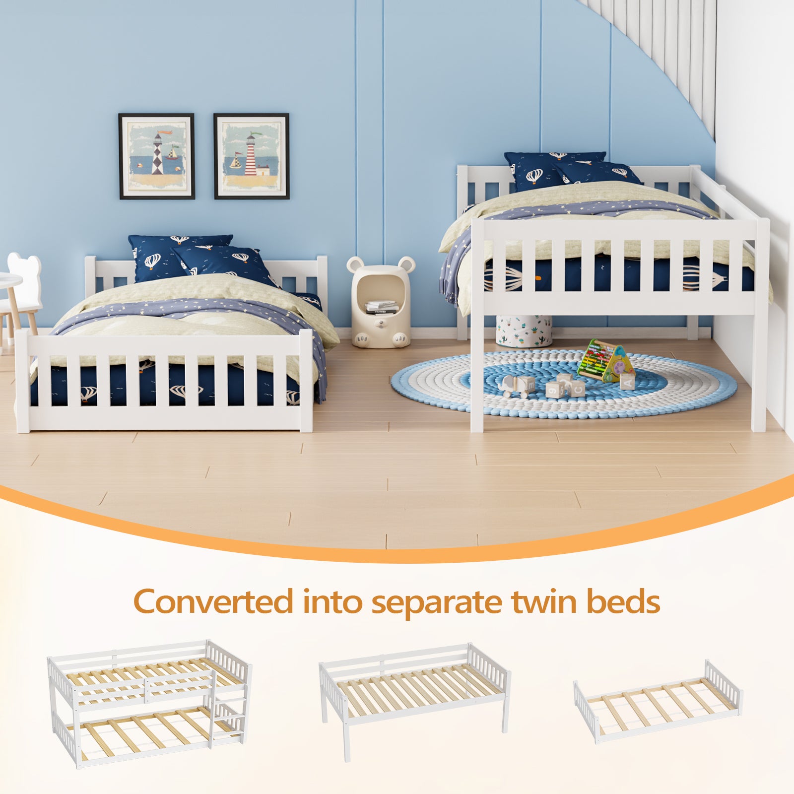 JOYMOR Wood Bunk Bed Low Twin Over Twin Bed Frame with Ladder