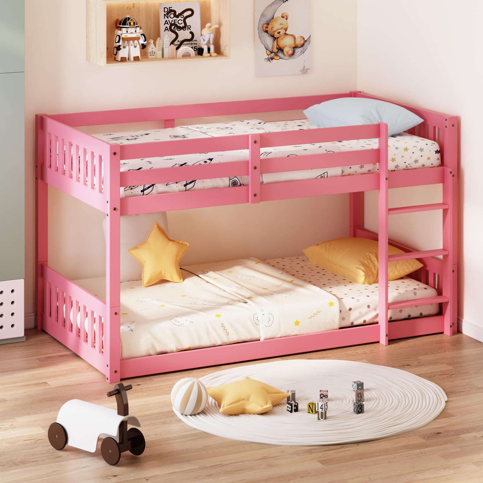 JOYMOR Wood Bunk Bed Low Twin Over Twin Bed Frame with Ladder