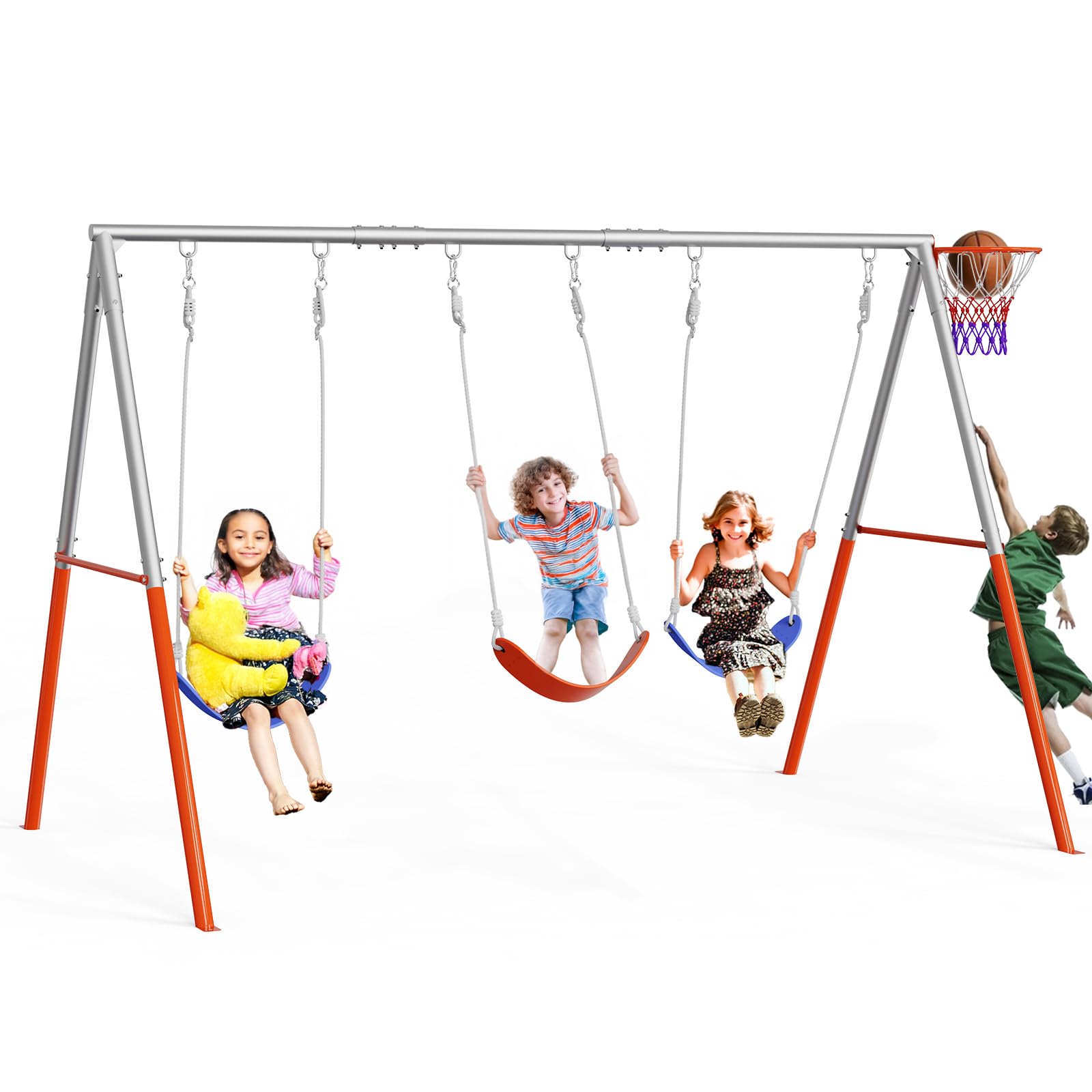 JOYMOR 4-in-1 Swing Sets for Backyard 3-Seats Kids Swing Set with Basketball-Hoop