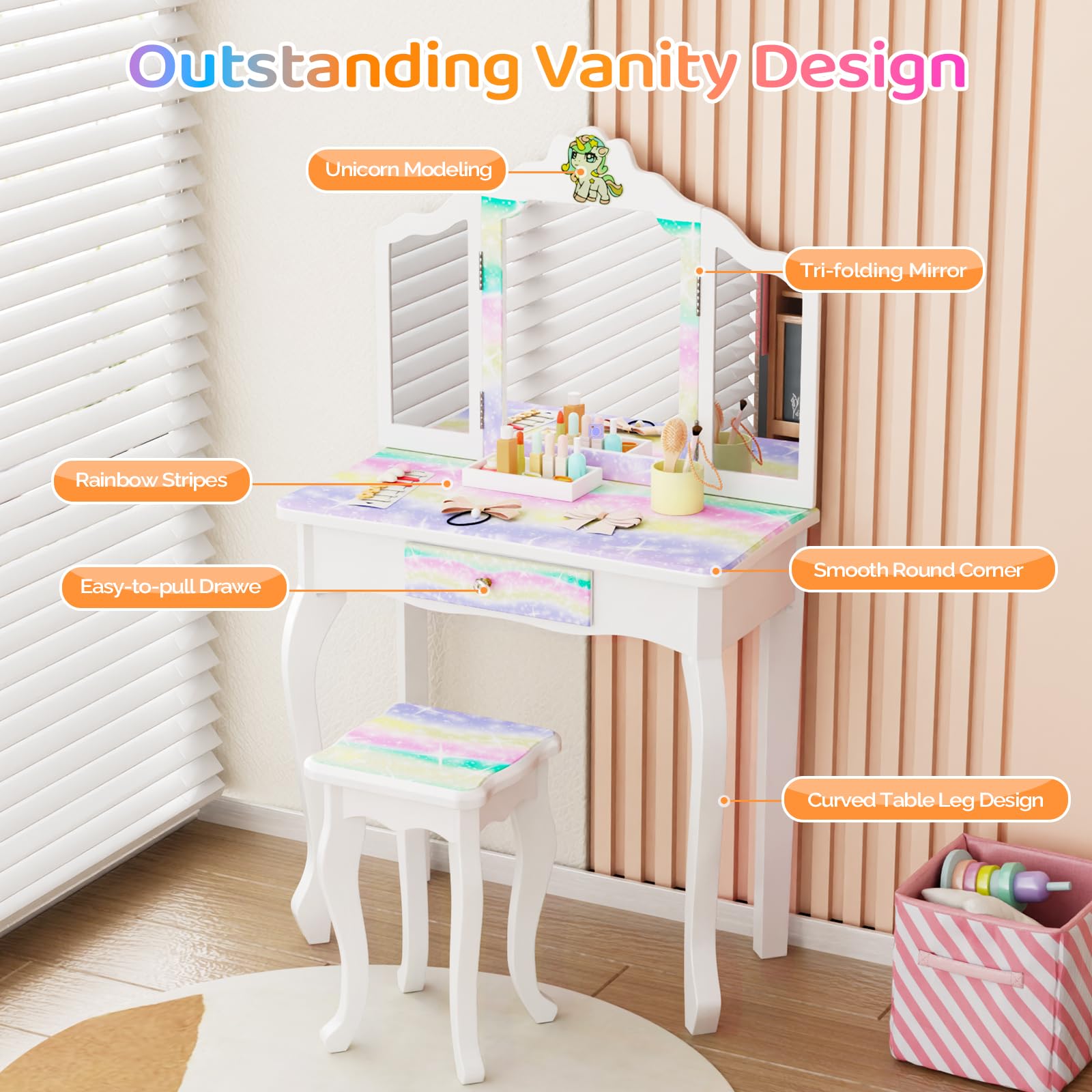 JOYMOR Luminous Unicorn Kids Vanity 2-in-1 Toddler Vanity w/Tri-Fold Mirror