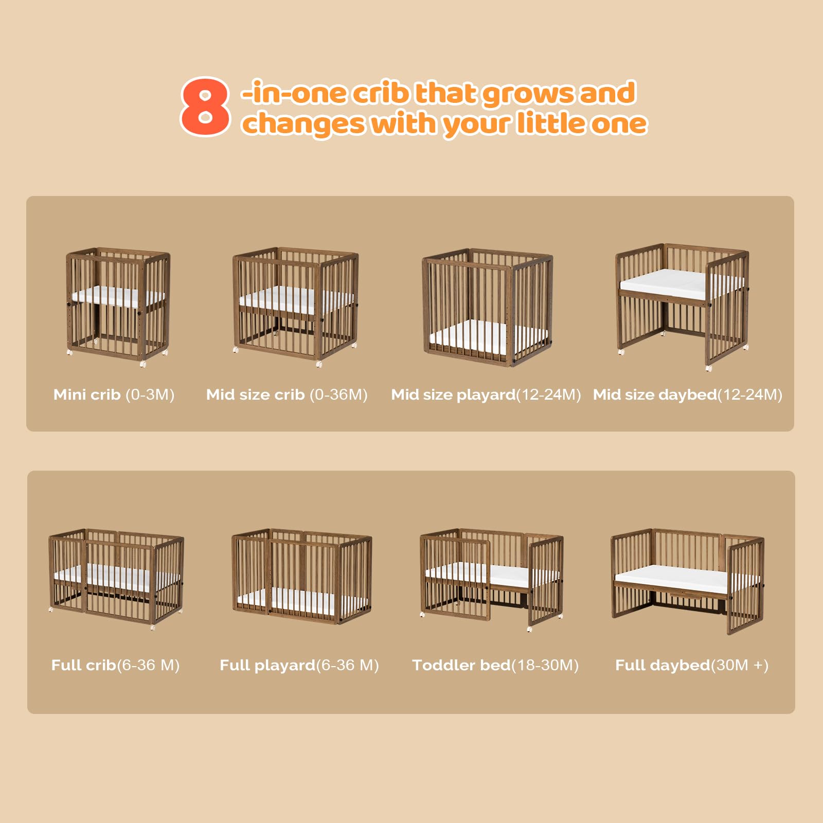 JOYMOR 8 in 1 Convertible Crib with Mattress Full Toddler Size Crib