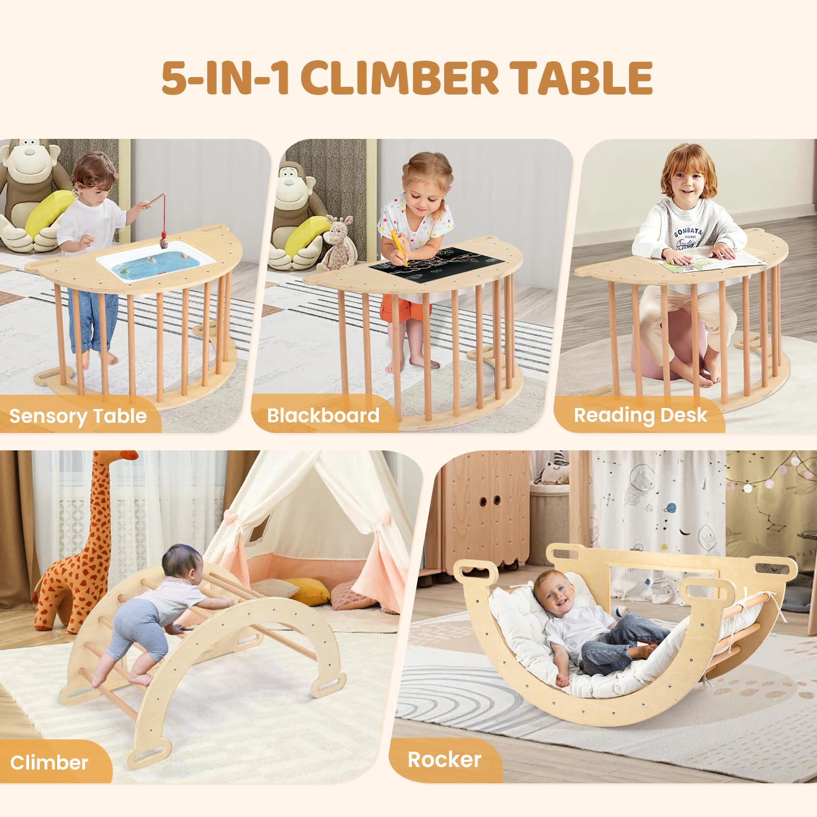 Joymor Wooden Pikler Triangle Set Montessori Climbing Adventure for Toddlers