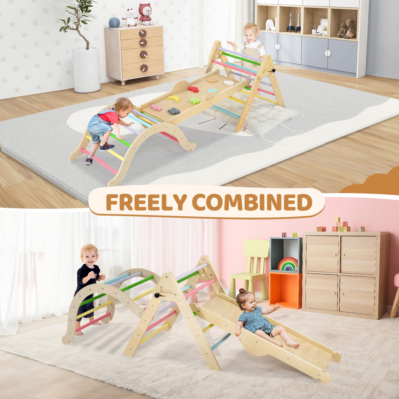 Joymor Wooden Pikler Triangle Set Montessori Climbing Adventure for Toddlers