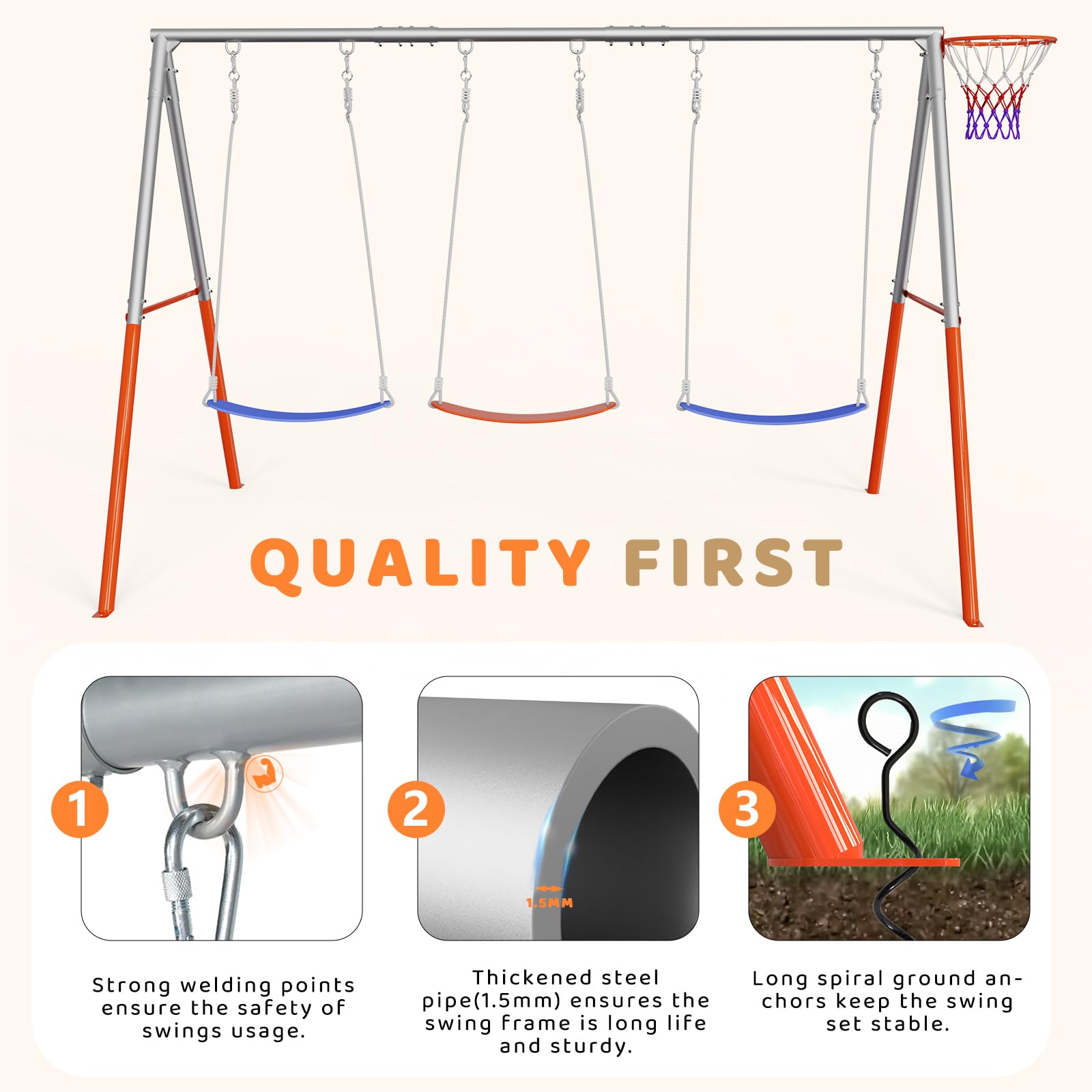 JOYMOR 4-in-1 Swing Sets for Backyard 3-Seats Kids Swing Set with Basketball-Hoop