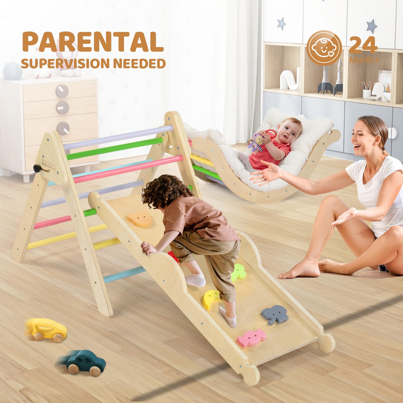 Joymor Wooden Pikler Triangle Set Montessori Climbing Adventure for Toddlers