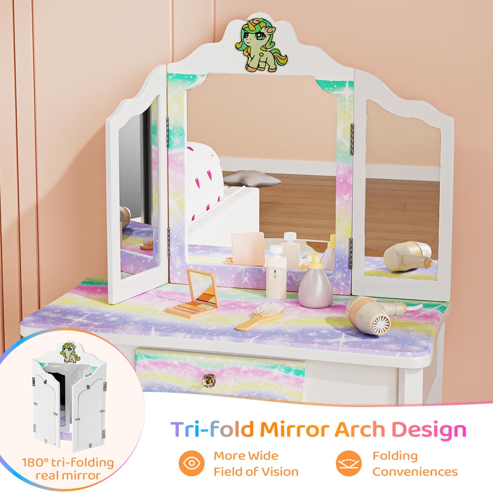 JOYMOR Luminous Unicorn Kids Vanity 2-in-1 Toddler Vanity w/Tri-Fold Mirror