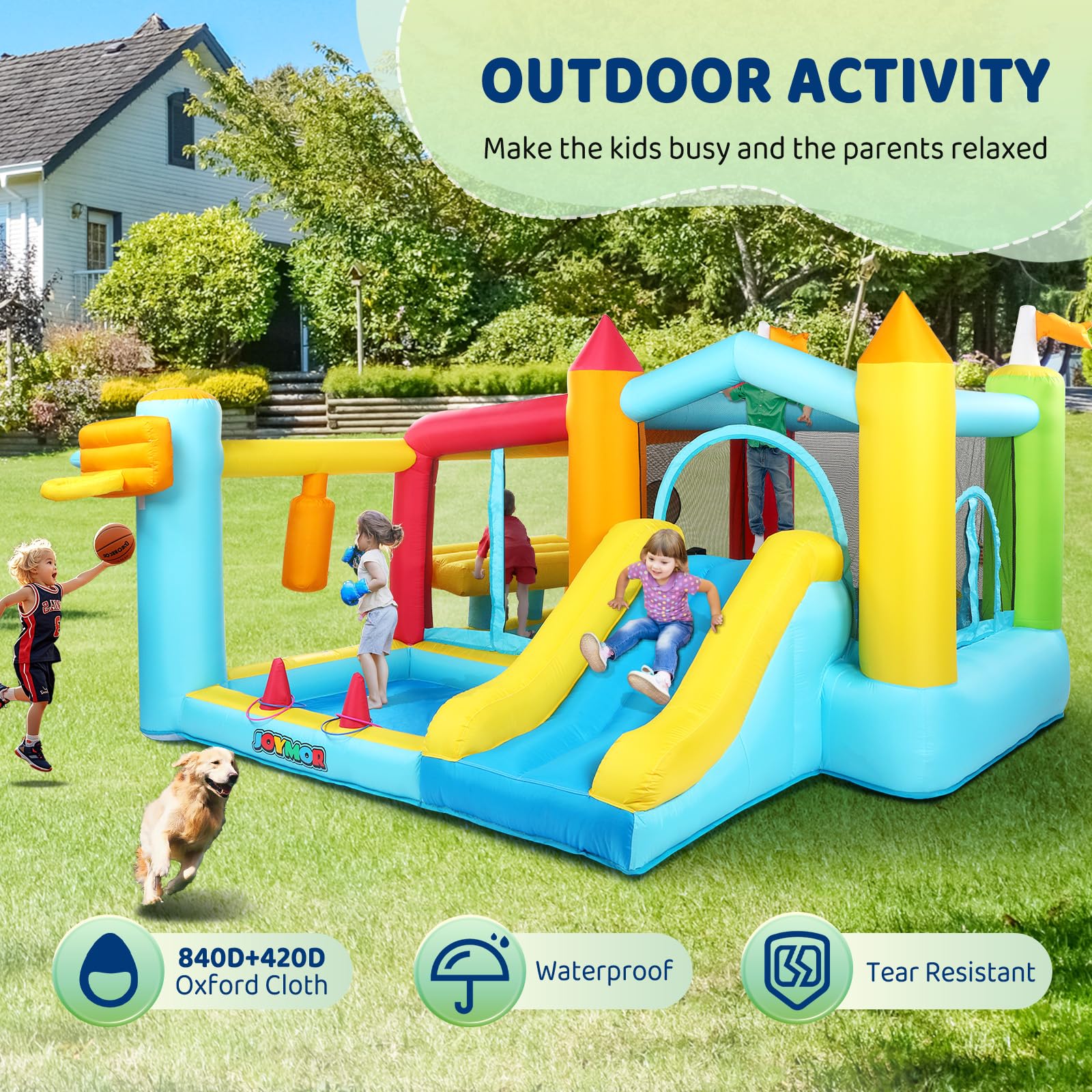 JOYMOR 9-in-1 Inflatable Bounce House with Slide, Blower & Climbing Wall