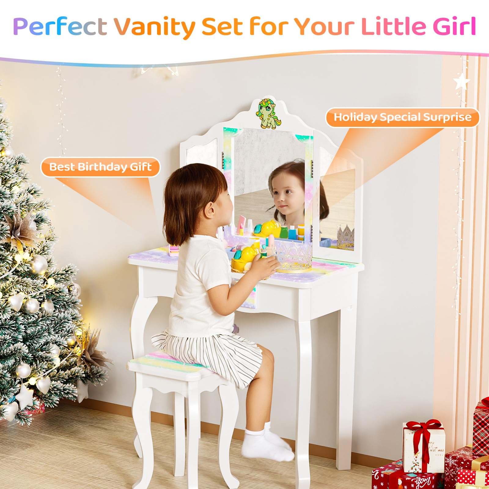 JOYMOR Luminous Unicorn Kids Vanity 2-in-1 Toddler Vanity w/Tri-Fold Mirror