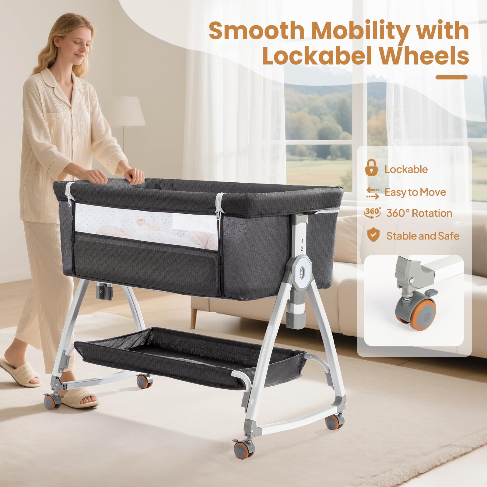 JOYMOR 3 in 1 Bedside Crib Portable Baby Bassinet Sleeper